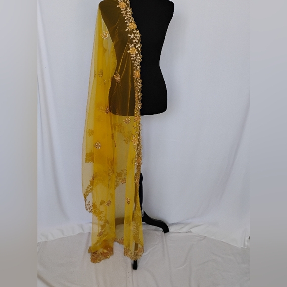 Net yellow dupatta with gold embroidered cut work with small pearls - Picture 1 of 1